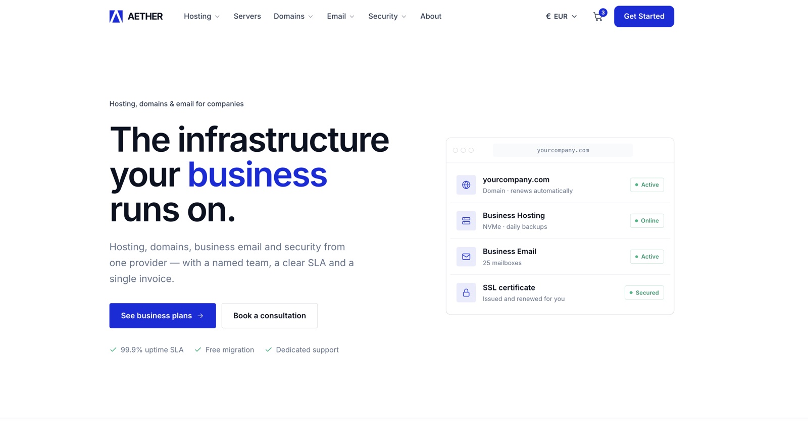 The Aether theme's home page: a hosting storefront with its menu, currency switcher, cart and hero