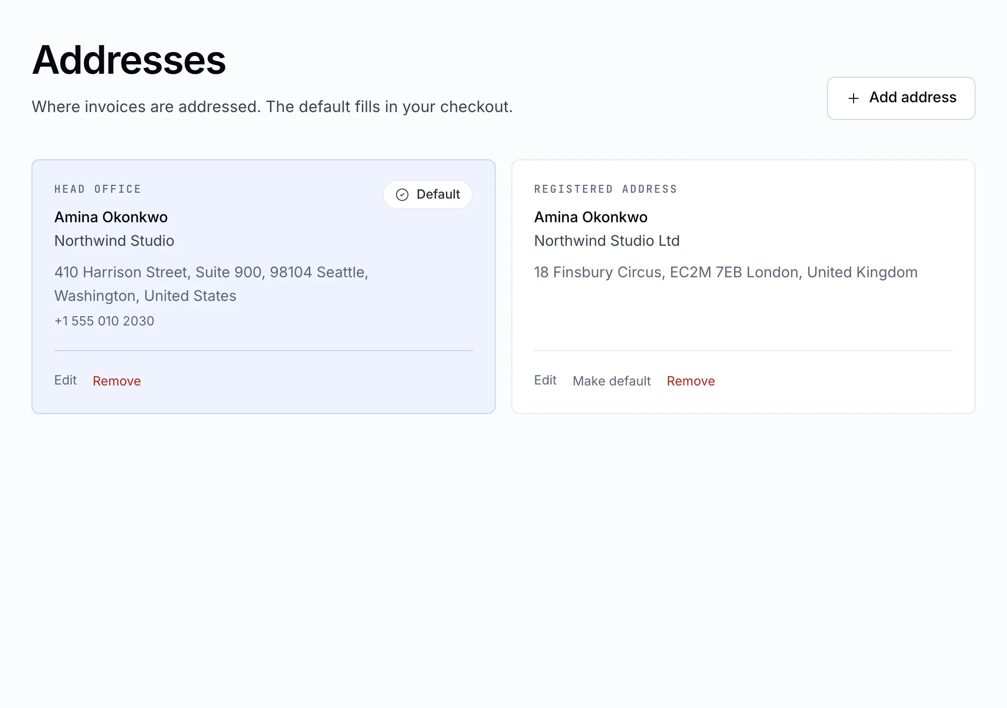 The Addresses page
