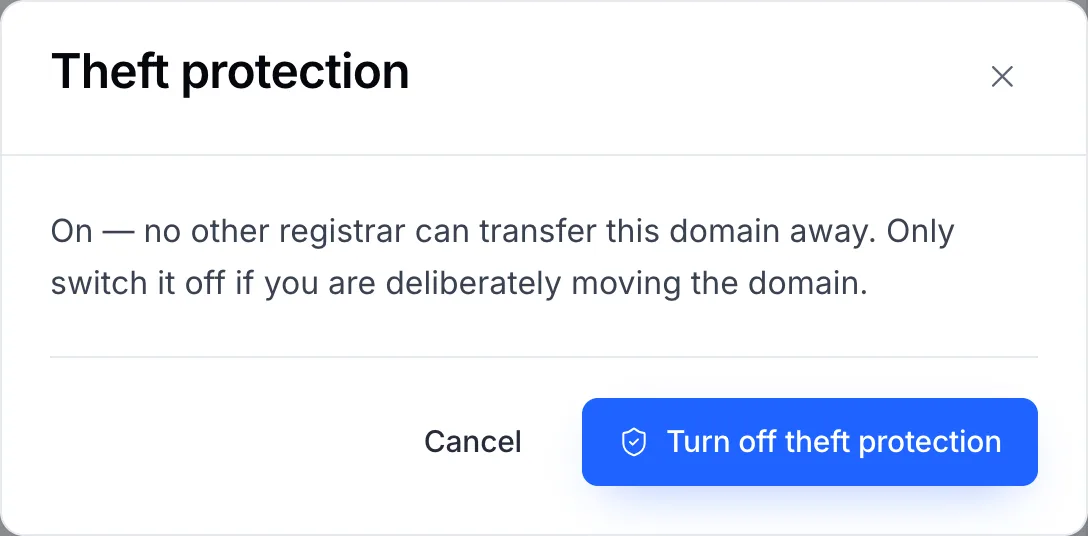 The theft protection dialog