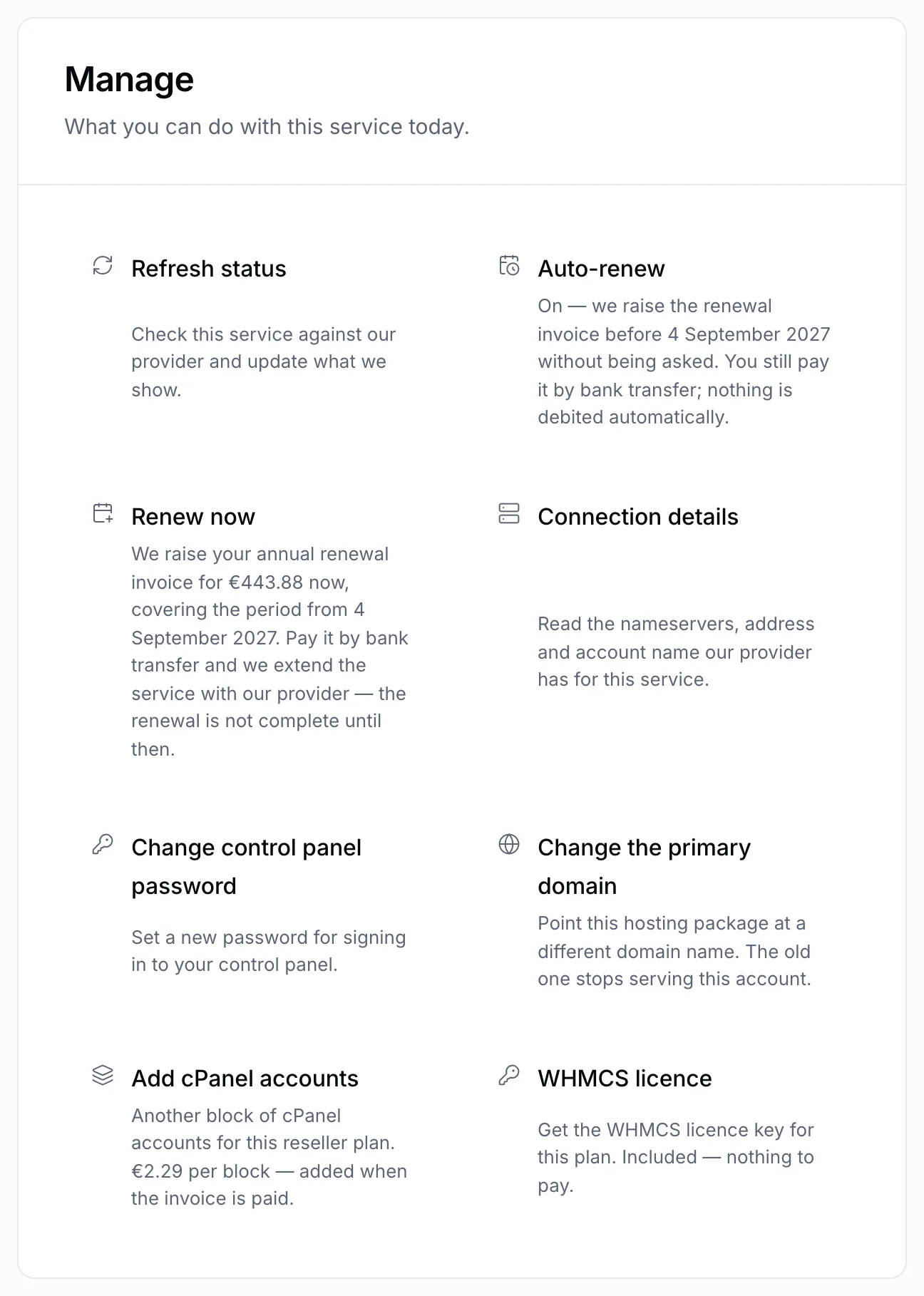 The Manage panel of a hosting package