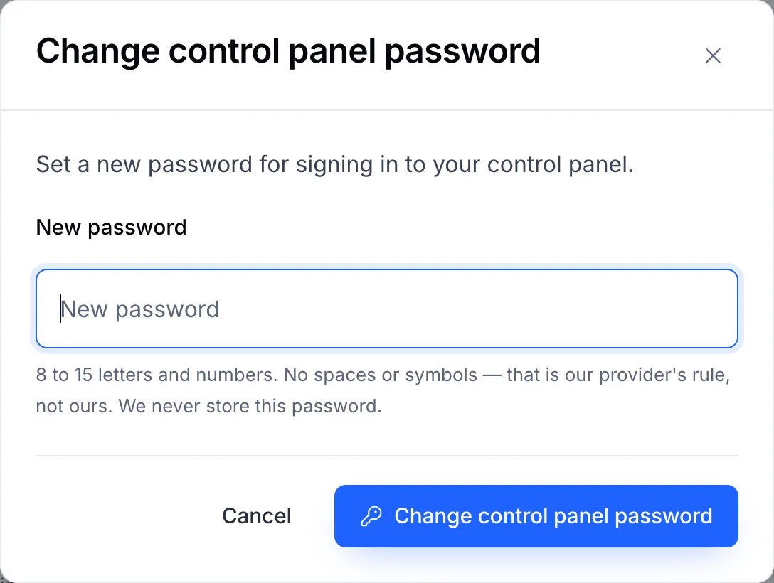 The Change control panel password dialog