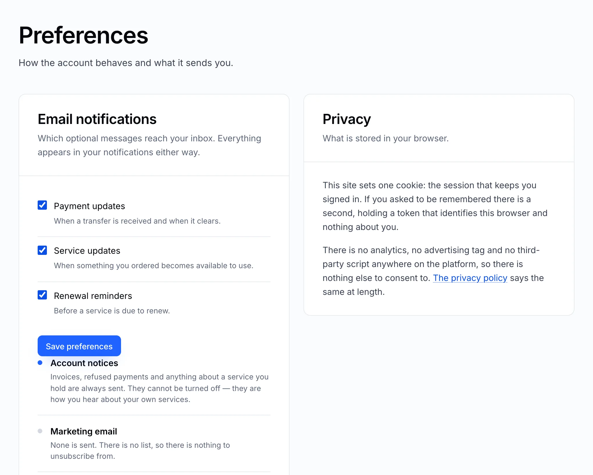 The Preferences page