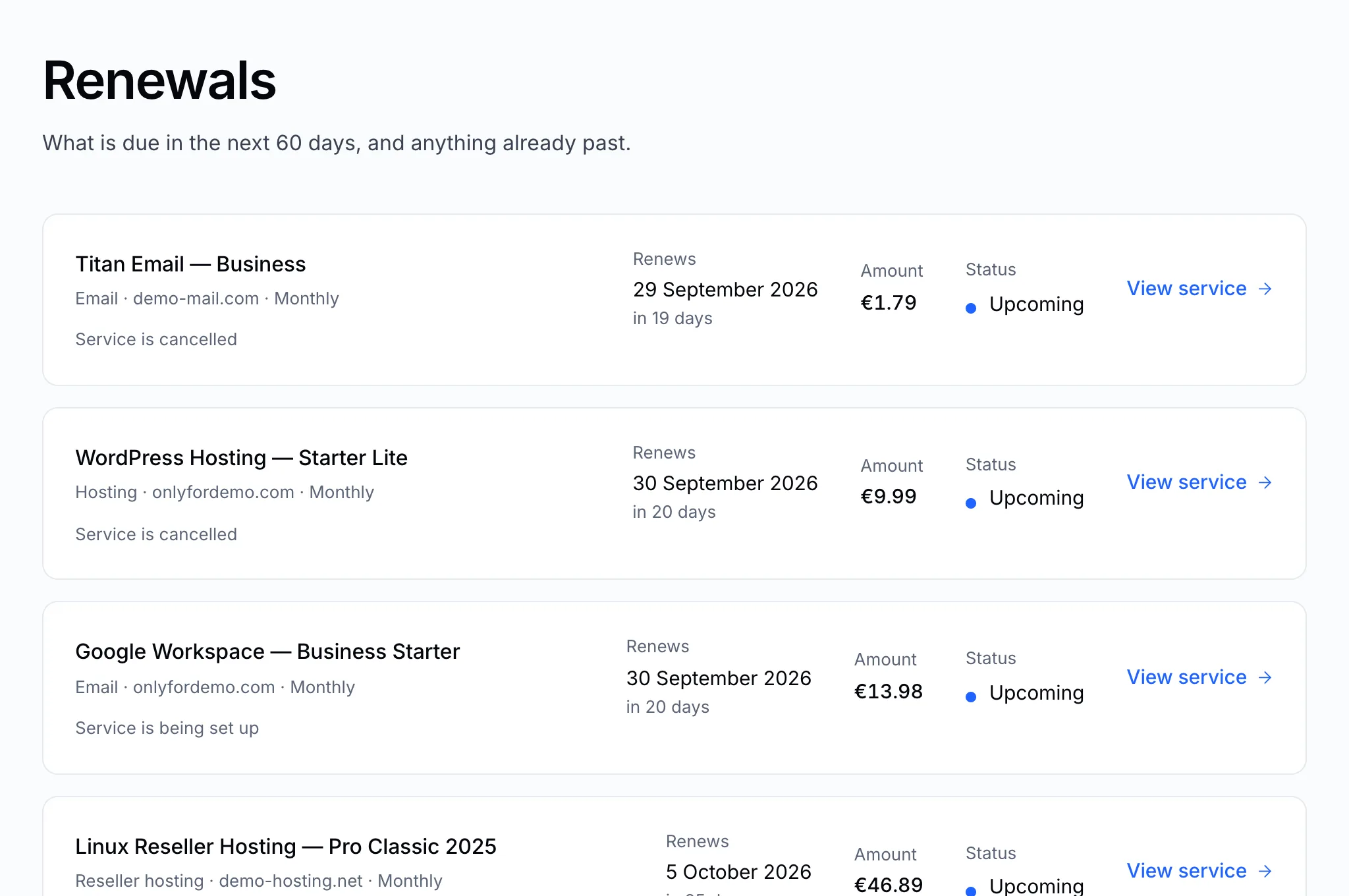 Upcoming renewals