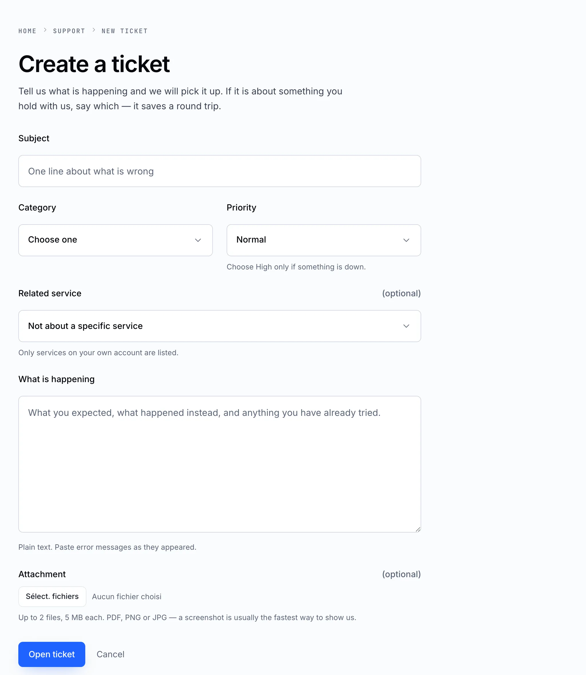 The new ticket form